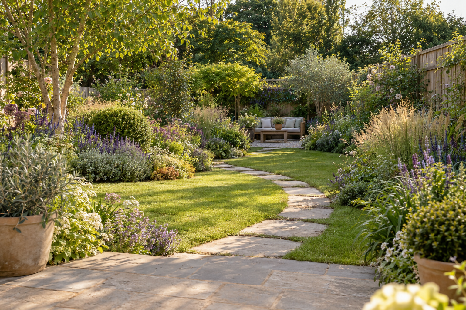 Illustrative garden layout with a curved stone path and planting