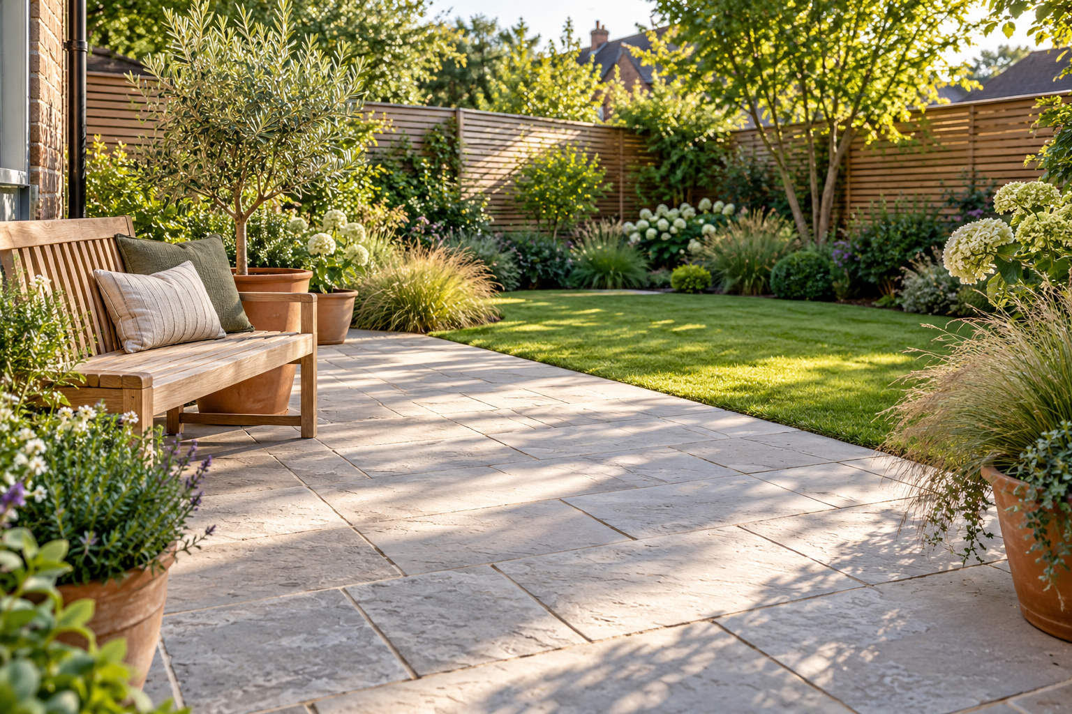 Illustrative pale stone garden patio with a bench and planted pots