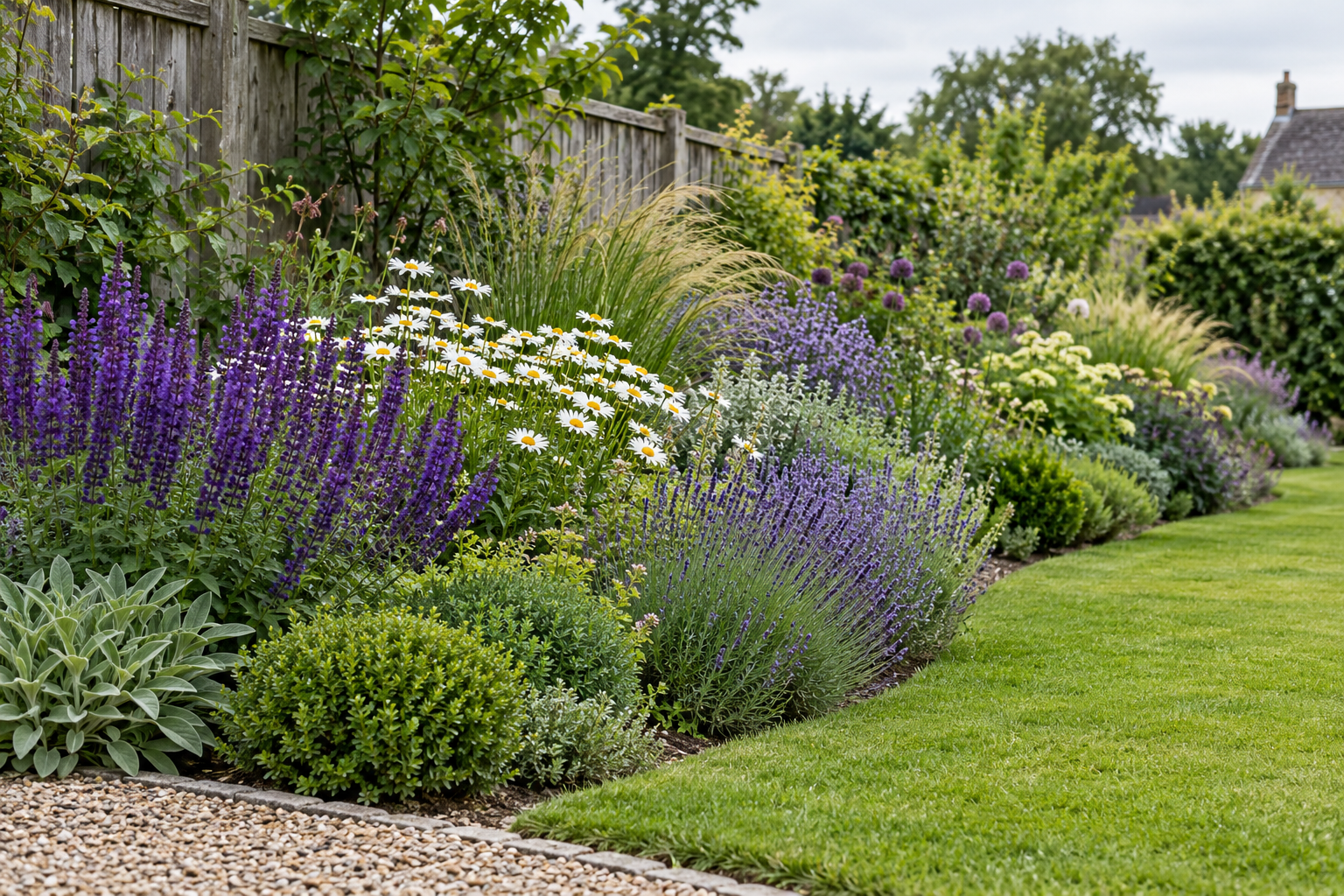 Illustrative planted garden border with salvia, daisies and ornamental grasses